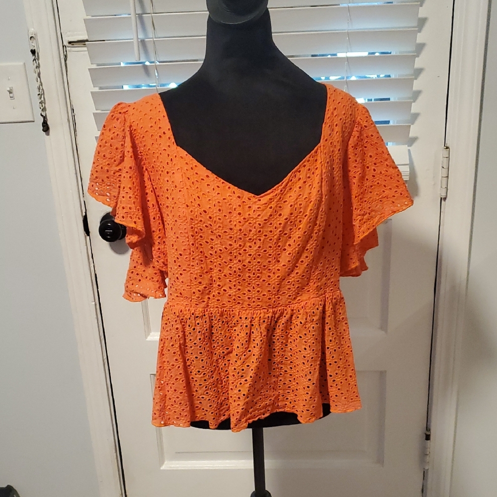 ARULA Orange Eyelet Flutter Sleeve Peplum Blouse